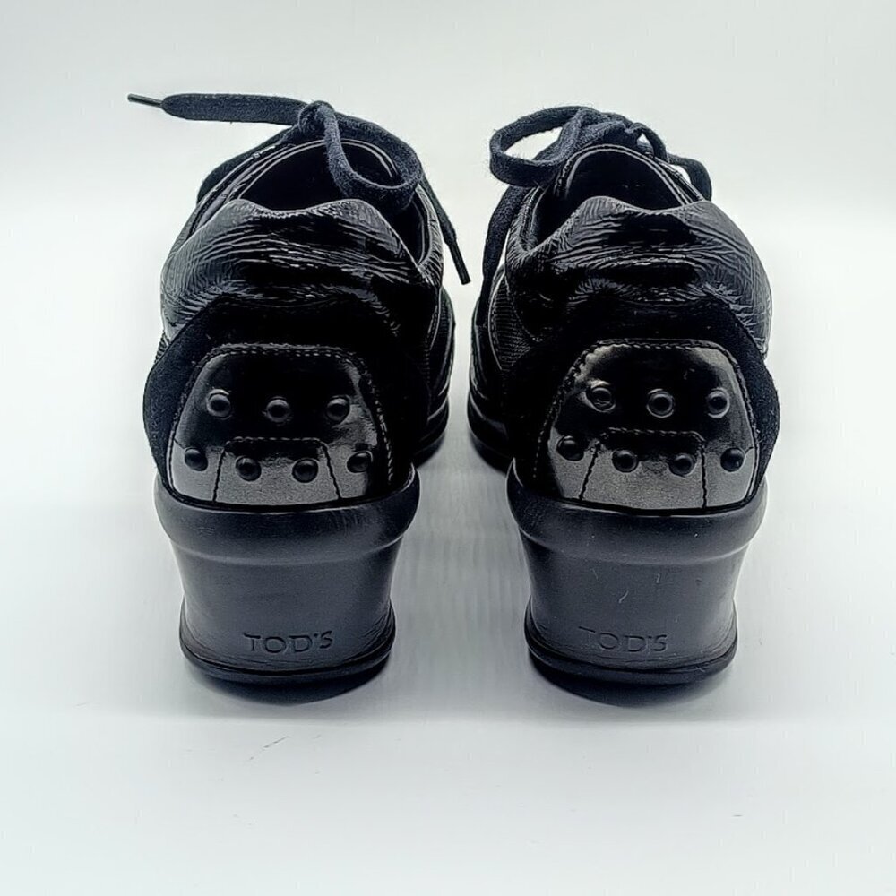 Tod's Black Italian Suede Leather Mesh Wedge Sneakers - Picture 2 of 8